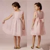 2020 New Cute Pink A line Organza Girl's Flower Dresses with Bow Knee Length Baby Formal Occasion First Communion Skirt