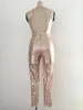 Tute da donna Pagliaccetti All'ingrosso- Moda Sheer Sexy O Neck Backless Sleevess Clubbing Gold Geometric Paillettes Plus Size Ladies Playsuit