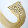 120g 10st / 1set Clip in On Hair Extensions Double Down # 613 / Bleach Blond 20 22In Rak Brasilianska Human Hair Extensions