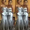 Afrika 2017 Gümüş Gri Mermaid Nedime Elbiseleri Uzun Lüks Sevgiliye Boncuklu Peplum Dantelli Düğün Parti Gonws Özel Made EN9205