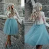 2020 New Style Country Bridesmaid Dresses Illusion Long Sleeve Ivory Lace Top Sky Blue Skirt Knee Length Two Pieces Maid Of Honor Gowns