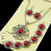 Mode Weiblichen 3pcs (1set) natürliche rote Blumen-Türkis-Ohrringe Armband Halskette antike silberne Weinlese-Schmuck-Set für Frauen Retro A1019