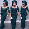 Dark Green Full Lace Prom Dresses Half Long Sleeve Sheath Floor Length Evening Dresses Sheer Neck Peplum Aso Ebi Formal Party Gowns