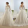 Ivory White Lace Long Sleeve Wedding Dress Illusion Bateau Applique A-line Vintage Court Train Lace Up Bridal Party Gowns With Sash