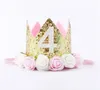 Hot New Gold Baby 1-9st Urodziny Party Crown Crown Sztuczne Różowe i Kremowe White Rose Flowers Tiara Headband Hj152