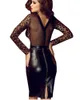 Sexy Leopard Print Jurk Dames Lange Mouw Mesh Patchwork Vestido Faux Leer Zie door jurk Party Clubwear