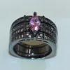 Mode 10kt svart guld fylld ädelsten ring finger dam marquise cut rosa simulerade diamant zircon ringar bröllop brud smycken för kvinnor