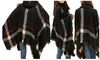 High Turtle Neck Plaid Poncho Women Knitted Striped Tassel Sweater Top