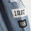 Partihandel - var är mitt sinne? Korea Tvätta Frayed Broderi Letter Patch Jeans Bomber Jacka Ljusblå Rippad Denim Coat DayLook