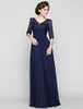 New Dark Navy Vneck Aline Floorlength Half Sleeve Lace and Chiffon Mother of the Bride Dress2427455