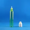 100 uppsättningar/parti 30 ml 1 oz Unicorn Green Plastic Droper flaskor Långt form Barnbeständig manipuleringsbyggnad Långt tunt droppspets Dubbel säker oljeflödesjuice vätskor 30 ml