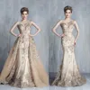 Tony Chaaya 2021 Evening Dresses With Detachable Train Champagne Beads Mermaid Prom Gowns Lace Applique Sleeveless Luxury Party Dress