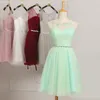 Scoop Neck Crystal Short Bridesmaid Dress Mint Green Short Party Dress Lace Up Fast Shipping