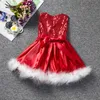 2-8 años Vestido de Navidad para niña con lentejuelas, sin mangas, faldas de tutú de malla roja con vestidos de fiesta de graduación de plumas para niños, Año Nuevo, Día de Navidad