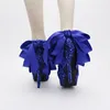 Cor azul Sapatos de Casamento de Renda Lantejoulas Glitter Boate Bombas Bonito Arco de Cetim Mulheres Sapatos de Festa de Aniversário Vestido Azul sapatos