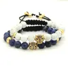 Hot Groothandel 10 stks / partij 8mm Natuurlijk Wit Howlite Marmeren Stone Blue Zircons Leopard Gevlochten Europees Amerikaans Wevende Mens Armbanden