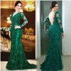 Sexy Deep V Neck Green Mermaid Formal Prom Dresses Low Back Lace Appliqued Beaded Pageant Dress Long Sleeves Evening Gowns