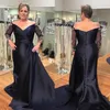 Glamorous Siyah Anne Damat Elbiseler Pileli Uzun Kollu Düğün Konuk Elbiseler Zarif Kapalı Omuz Örgün Önlükler