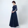 Сексуальное длинное вечернее платье Vestidos Longos Para Formatura Темно-синее элегантное кружевное платье для выпускного вечера с рукавами4239829