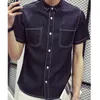 Atacado-homens verão denim camisa casual colarinho colarinho chemise homme manga curta calça jeans marca marca masculino denim camisa camisa masculina