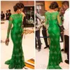 Elegant Emerald Green Lace Mermaid Prom Dresses With Long Sleeves Sheer Neck Trumpet Celebrity Red Carpet Miss Nigeria Evening Formal Gowns