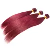 Brasiliansk vin röd silkeslen rakt mänskligt hår 3bundles med frontal 13x4 Burgundy 99J Virgin Hair Extensions med topp frontlin