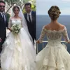 Off Shoulder Tiered Skirts 2019 Wedding Dresses Half Sleeve Lace Applique Beads Bridal Gowns Sweep Train Crystal Vintage Beach Wedding Dress