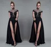 2017 Runway Fashion Sheer Neck Abendkleider Spitze Applique Cap Sleeve Ballkleider High Split Chiffon A-Linie Formelle Partykleider