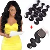 Brazilian Body Wave Virgin Hair 3 buntar med 4x4 spetsförslutning Obearbetad Human Remy Hair Weaves Naturlig svart dubbelväft