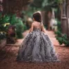2017 Pageant Dresses Sier Gray Spaghetti Straps Backless Lace Applique Beads 3D Floral Ruffy Kids Flower Girls Dress Birthday Gowns