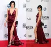 Kylie Jenner 2019 Burgundii A Line Celebrity Dresses Backless Deep V-Neck High Split Prom Dresses Tanie niestandardowe suknie wieczorowe