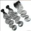 1bgrey Brazylijskie Ombre Human Hair Bundles z srebrnym szarym koronkowym zamknięciem Dwnie tonu splot włosów z zamknięciem falistą 4PCSL7062359