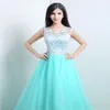 2021 Novo Stock Sexy Longo A-Linha Mint Renda Verde Vestidos de Noite Applques Tule Piso-Comprimento Vestidos de Festa de Prom