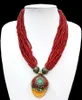 18 '' Ethnic Red Bead Multilayer Naszyjnik Wisiorek Tybetański Silver Amber Oyzz-0013