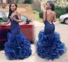 Mermaid African Prom Dresses Arabic Lace Dark Blue evening party dress Ruffles Organza Sexy Backless Beaded Pageant Gowns vestido longo