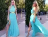 Sexy Chiffon Prom Dresses 2017 with Glod Metal Belt Floor Length Long Evening Dress Front Split Pleated Homecoming Party Gowns 2016