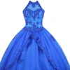 Vestidos de Quinceanera Elbise Yüksek Boyun Kraliyet Mavi Masquerade Balyaviler Tül Aplike Payetli Keyhole Geri Balo Tatlı 16 Elbiseler