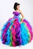 Luxe Rainbow Quinceanera Jurken Crystal Tiered Ruches Prom Gowns Beaded Sweep Train Plus Size Formele Pageant Jurk