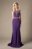 Purple Mermaid Long Modest Evening Dresses Elegant Gold Beaed Sweep Train Cheap Formal Evening Party Dresses Prom Dresses For Teens Girls