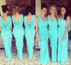 2020 Goedkope Bruidsmeisjes Jurken V-hals Bruiloft Gastkleding Teal Turquoise Chiffon Open Back Sash Floor Lengte Ruched Party Maid of Honorjurken