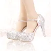 Silberne Strass-Braut-Hochzeitskleid-Schuhe mit Knöchelriemen, runder Zehenbereich, Brautschuhe, Plateau, formelle Abendschuhe, Abschlussball-Party-Pumps