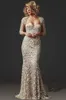 2016 glitzernde lange Meerjungfrau-Kleider für Mütter und Braut, sexy, transparente, perlenbesetzte Spitze, herzförmiger 3/4-Ärmel, offener Rücken, Champagner-Kleid für die Brautmutter