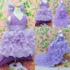 Lila Hög Låg Blomma Tjej Klänningar För Bröllop Ruffles Layered Big Bow Jewel First Communion Dress Kids Formal Wear Girls Pageant Dress