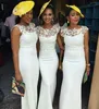 White Sheath Lace Sheer Neck Wedding Guest Dresses Nigerian Style Cap Sleeve Floor Length Bridesmaid Dresses Custom Made Maid Of Honor Gown