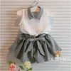 11502 New Summer Girls Sets Baby Kids Abito in due pezzi Chiffon Top bianco Gilet con pantaloncini Bowknot Ragazza 2 pezzi Set di abiti per bambini