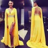 Żółty Głębokie V Neck Prom Dresses Open Back Cap Style Suknie Wieczorowe Szyfonowa Długość Piętra Formalna Dress Dress Tanie Women Vestidos