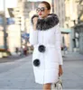 Dames Winter Natural Raccoon Fur Hooded White Duck Down Patded Medium Lange Warme Dikke Parka Coat Plus Size XXL