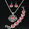 Mode Weiblichen 3pcs (1set) natürliche rote Blumen-Türkis-Ohrringe Armband Halskette antike silberne Weinlese-Schmuck-Set für Frauen Retro A1019