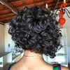 Ucuz Kısa Bob Brezilya Bouncy Kıvırcık Bakire İnsan Saç Dantelli Ön Peruk Siyah Kadınlar DHL Ücretsiz Kargo