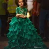 2019 Emerald Green Junior Girl's Pageant Vestidos para adolescentes Princesa Vestidos de niña de las flores Vestido de fiesta de cumpleaños Vestido de fiesta Organza Manga larga